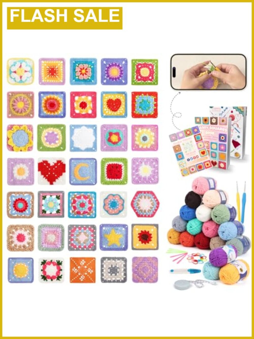 Coopay Granny Square Crochet Kit for Beginners 50 Designs Complete Set